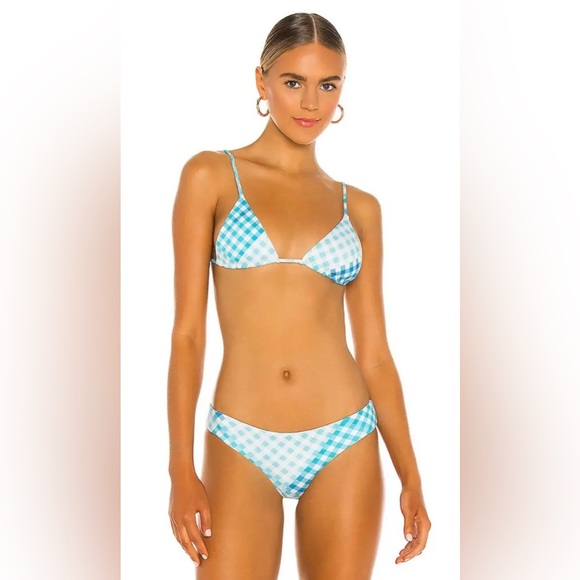 L*Space Brittany Gingham Adjustable Strap Bikini Top in Powder Baby Blue (L) - Picture 2 of 10